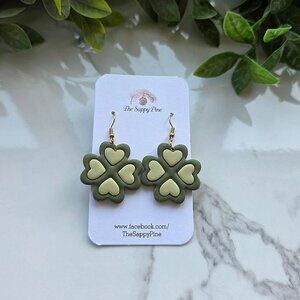 NEW St. Patrick's Day Heart 4 Leaf Clover Polymer Clay Dangle Earrings